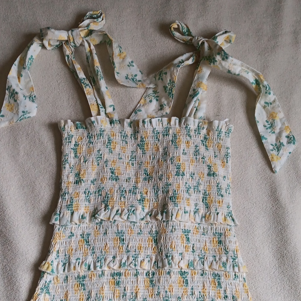 MABLE white floral yellow rose pattern tiered layers tie straps mini dress